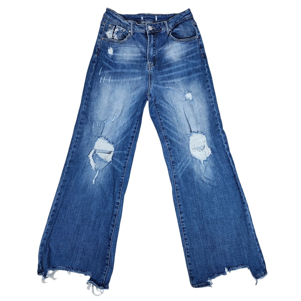 RISEN Jeans Women Sz 13 Stretch High Rise Distressed Wide Leg Raw Hem Blue Denim